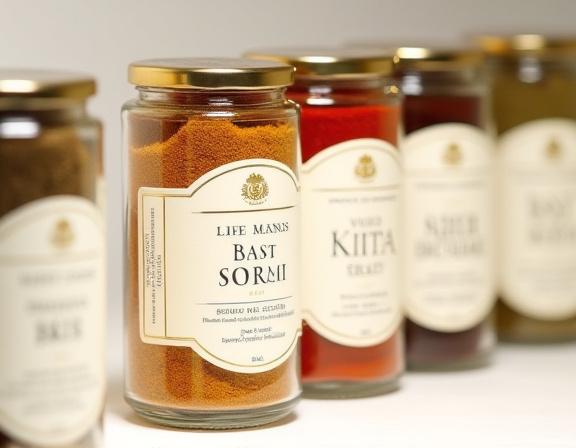 A row of elegantly labeled artisanal spice jars.